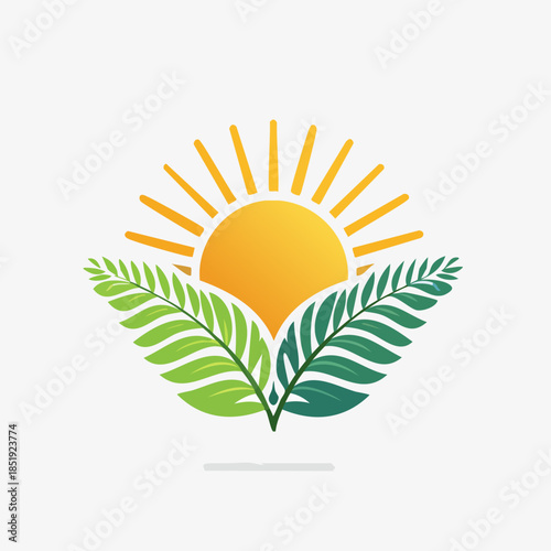 Bright sun rising over green leaves, natures beauty.