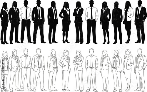 Business men and women silhouettes and line art figures standing together, professional corporate team diversity illustration isolated on white background