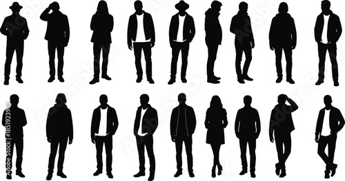 Set of modern male and female casual fashion silhouettes standing in relaxed poses isolated on white background for contemporary design projects