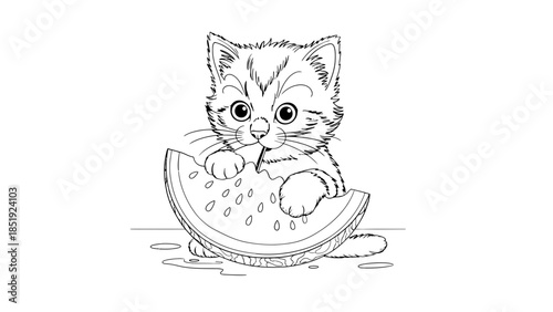Cute kitten enjoying a refreshing slice of watermelon on a hot summer day