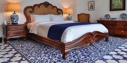 Luxurious bedroom with blue and white decor and wooden furniture