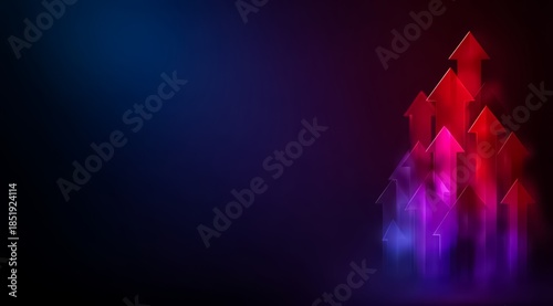 Blue background with a red and purple arrow tree. The tree is made up of many arrows pointing in different directions