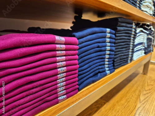 Neatly folded casual T-shirts on retail shelves, modern fashion store display showing sizes and colors.