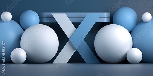 Blue and white geometric shapes with large X symbol