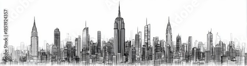 City skyline with a tall building in the middle. The buildings are tall and the sky is white