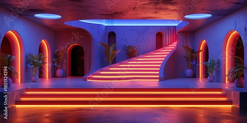 Neon Lit Staircase in a Futuristic Interior Space with Arches