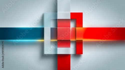 Colorful abstract design with a red square in the middle. The design is made up of squares and rectangles, with a blue