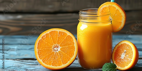 Fresh Orange Juice in a Glass Jar with Slices