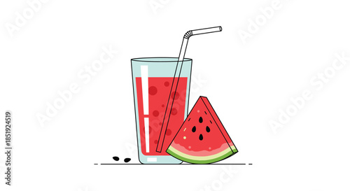 Refreshing glass of watermelon juice with a slice of fresh watermelon and visible seeds, perfect for a summer drink.
