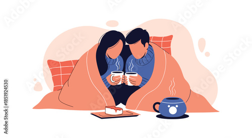 Cozy couple wrapped in a warm blanket, enjoying hot beverages and a slice of cake together, sharing a sweet and comfortable moment.