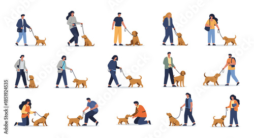Diverse set of people interacting positively with their dogs, walking, playing, and training them, demonstrating responsible pet ownership.