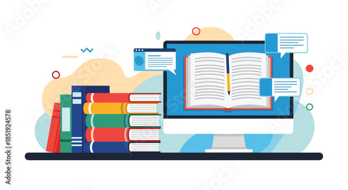 Computer screen displaying an open book, with a stack of physical books nearby, symbolizing online learning and digital education platforms.