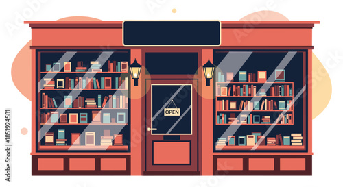 Charming bookstore exterior with an 'Open' sign, showcasing an inviting array of books through large display windows, illuminated by street lamps.