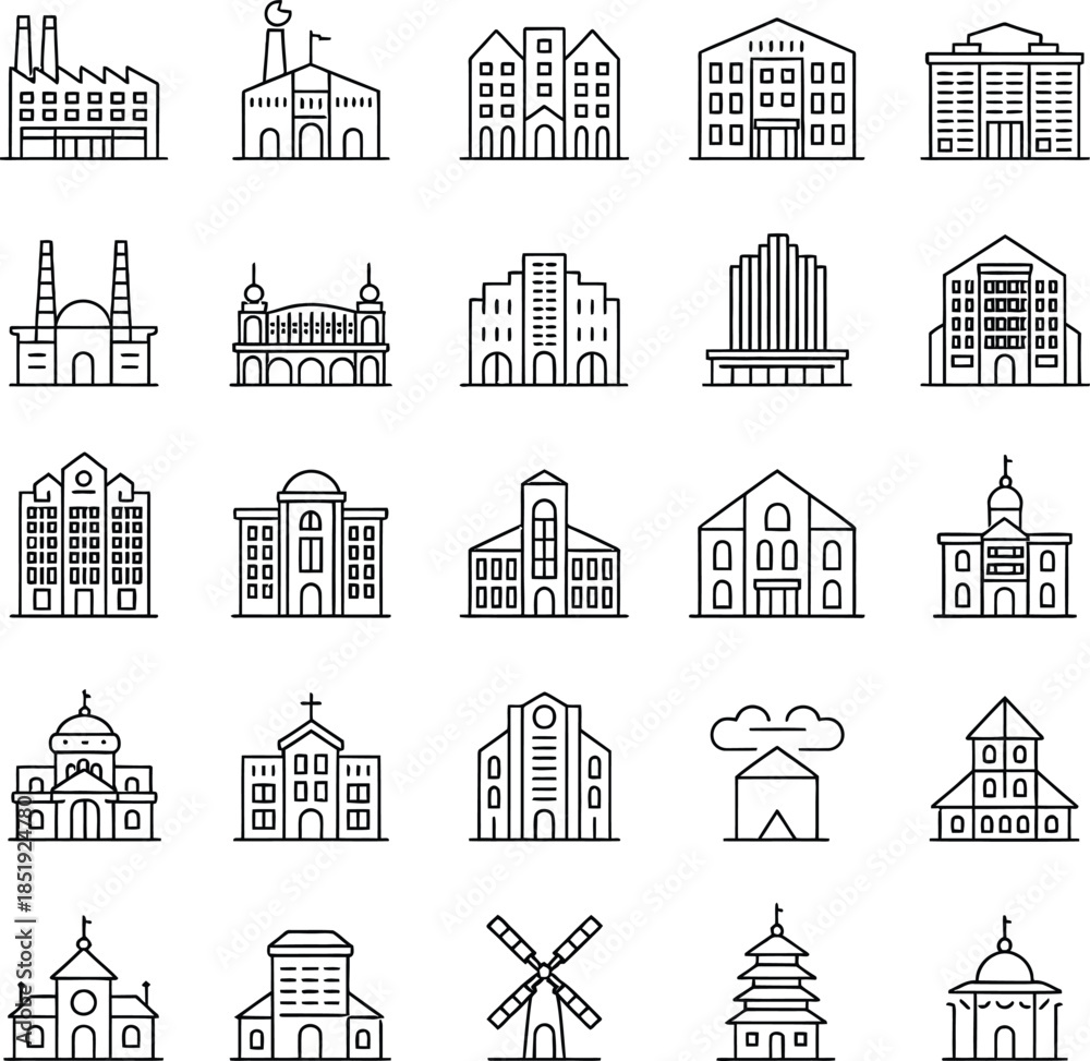 Fototapeta premium Collection of Minimalist Vector Building Icons Featuring Various Architectural Styles and Structures