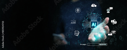 Artificial intelligence chip in human hand with smartphone, cloud computing, chatbot, and icons of the use of AI. Ai automation, machine learning, digital assistance, and advanced technology system.