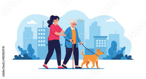 Caring young woman assisting an elderly woman walking with a cane and her dog in a supportive urban environment, promoting senior care.