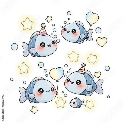 Cartoon Character Fish Celebrate with Balloons and Stars