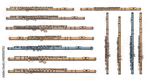 Extensive collection of various types of flutes, elegantly displayed in horizontal and vertical alignments, showcasing woodwind instruments.