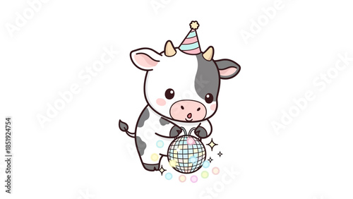 A cartoon cow wearing a party hat dances with a disco ball