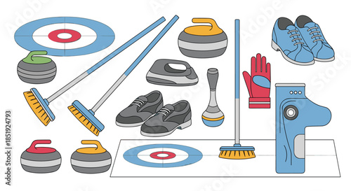 Comprehensive collection of curling equipment, including granite stones, brooms, specialized shoes, and a target house, ready for the game.
