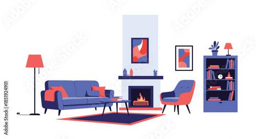 A cozy and inviting living room interior, complete with a comfortable blue sofa, an armchair, a warm fireplace, and a stylish bookshelf filled with books.