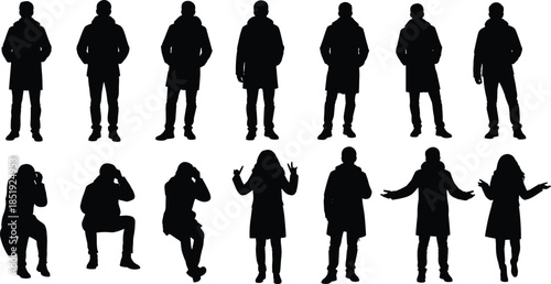 Set of human silhouettes in winter clothing showing standing and expressive gesture poses isolated on white background for design use
