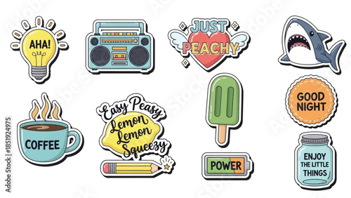 Fun and quirky graphic elements with positive messages and playful illustrations