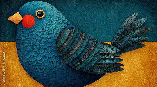 Artistic depiction of a bird with textured feathers and vibrant colors.