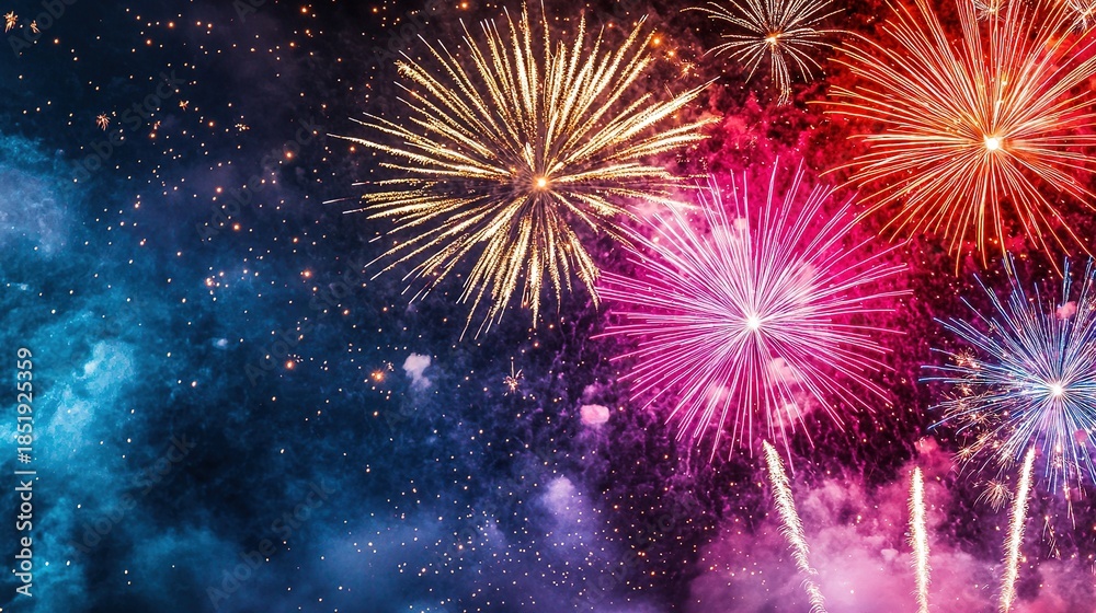 Fototapeta premium New year celebration colorful fireworks over city skyline vibrant night gigapixel quality