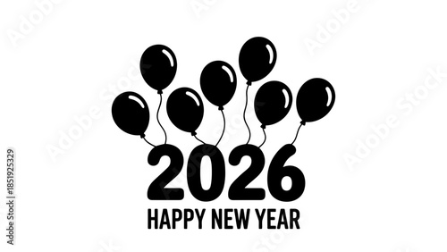 Modern New Year's Eve celebration with balloons and 2026 date