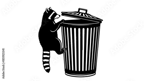 Raccoon getting into a trash can with lid open