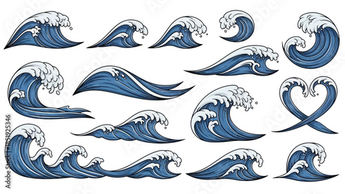 Set of different cartoon blue sea waves vector illustration design element