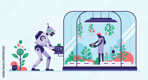 A futuristic scene depicting a human and a robot collaborating in a smart greenhouse, tending to plants and illustrating advanced agricultural technology.