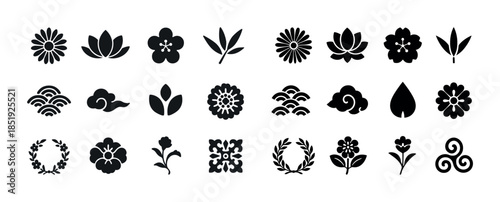 Collection of floral and nature-inspired silhouette icons and sy