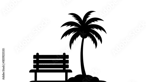 Serene tropical scene with palm tree and bench
