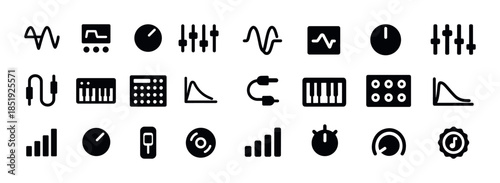 Set of audio and music equipment icons in black and white