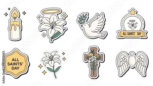 Collection of charming illustrated icons celebrating All Saints Day with symbols of faith and remembrance.
