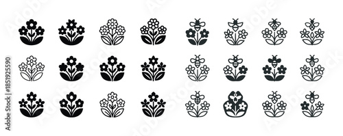 Collection of black and white floral icons featuring diverse flo