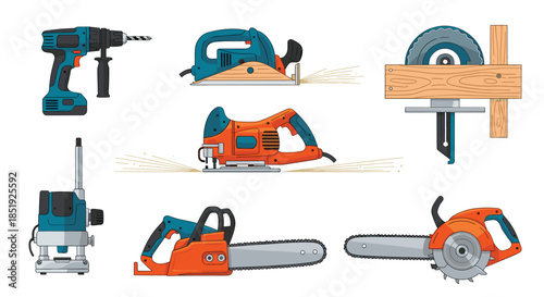 A comprehensive collection of various essential power tools for woodworking and construction, including drills, planers, jigsaws, and chainsaws.
