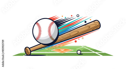 A dynamic baseball scene featuring a bat and ball mid-action on a vibrant green field, complete with colorful speed lines, symbolizing sports and energy.