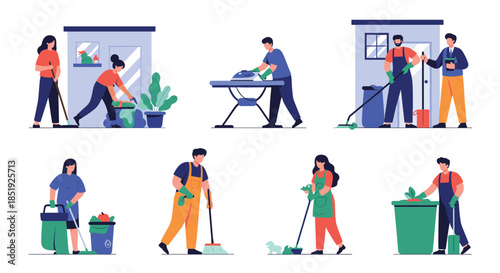 A comprehensive set of illustrations depicting individuals performing a variety of common household cleaning tasks, ensuring a tidy and well-maintained home.