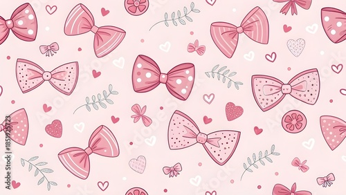 Whimsical pink bow pattern with hearts and leaves for Valentine's Day
