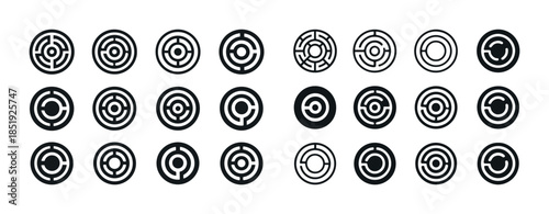 Set of 24 circular maze icons in black and white design