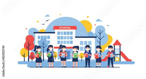 A group of diverse schoolchildren wearing protective masks, standing together in front of their school building, symbolizing safe education during a pandemic.