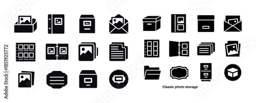 Icon set of classic photo storage and album designs in black sil