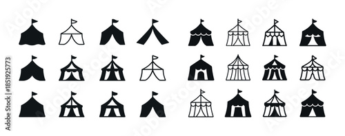 Collection of various circus tent icons with flags in black and