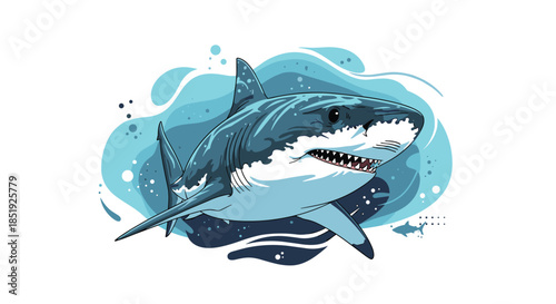 A powerful great white shark swimming gracefully through the blue ocean waters, depicted with dynamic splashes, illustrating its natural predatory strength.