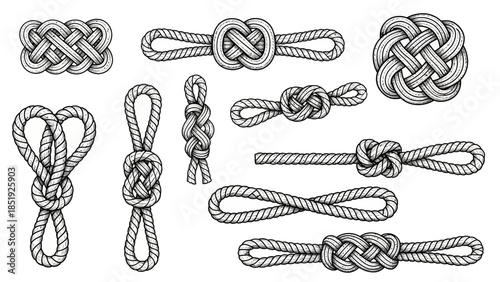Collection of Various Hand-Drawn Rope Knots Isolated on White Background