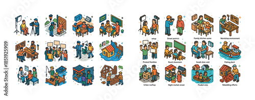 Isometric urban and rural scenes with diverse activities and set