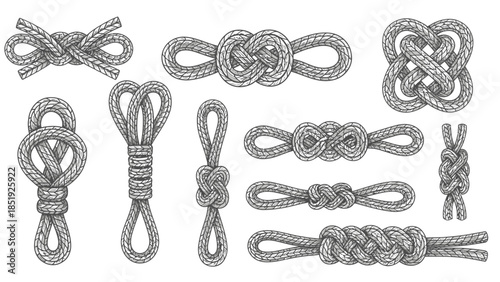 Collection of rope knots for nautical designs and creative projects isolated illustration